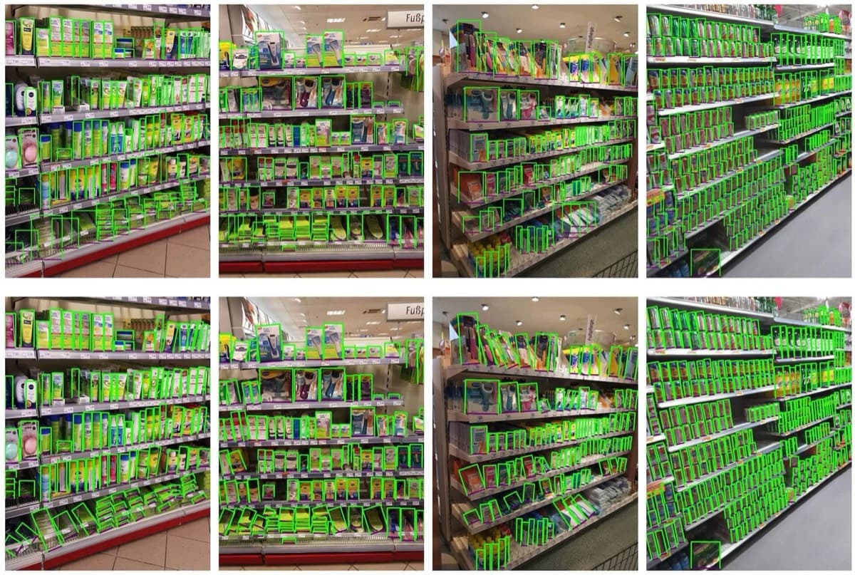 AI shelf detection with bounding boxes across multiple panels